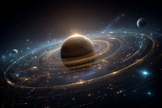 Cosmic view of planets and glowing rings in a vast galaxy with stars, illuminated particles, and celestial surroundings
