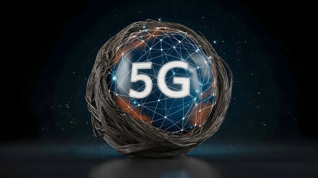 A digital representation of the Earth wrapped in a metallic network with "5G" text in the center, symbolizing global 5G connectivity and advanced communication technology.