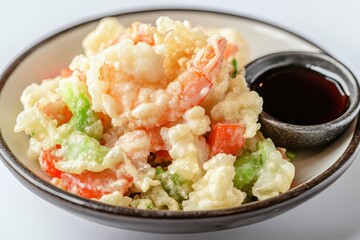 Deep-fried shrimp and vegetables served with dipping sauce.