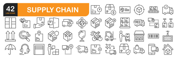 Set of line icons related to Supply Chain, Warehouse, Delivery Truck, Supplier, Inventory, Shipping Box and more. Outline icons collection. Editable stroke. Vector illustration.
