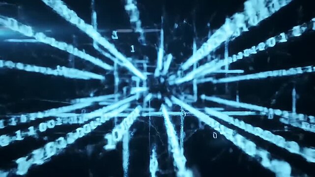 Abstract digital data stream with binary code and light effects creating a futuristic atmosphere