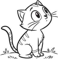 Cute Cartoon Cat Vector in Black and White Line Art Style for Sticker or Coloring Page

