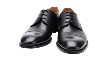 Pair of polished black leather dress shoes isolated on transparent background
