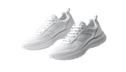 Pair of white fashion sneakers floating on transparent background