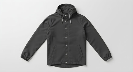 A dark grey jacket with a hood, buttons, and long sleeves, isolated on white.