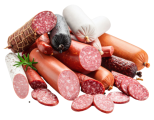 Delicious sausage mix featuring salami, sausages, and rosemary on transparent background