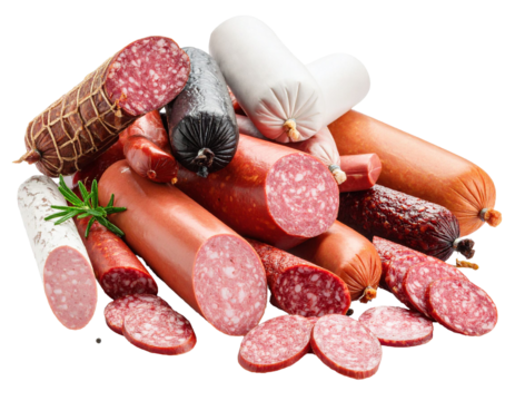 Delicious sausage mix featuring salami, sausages, and rosemary on transparent background