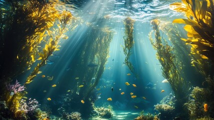 Obraz premium Underwater kelp forest bathed in sunlight.
