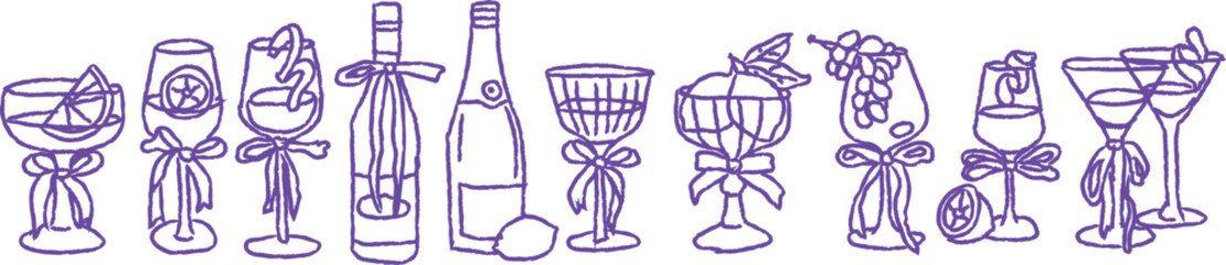 Whimsical purple sketch of Italian cocktails tied with ribbon accents—featuring citrus, grapes, and bottles. A playful line-art vector for modern menus, bar branding, or trendy culinary visuals.