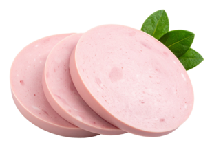 Sliced boiled sausage with laurel leaves on transparent background