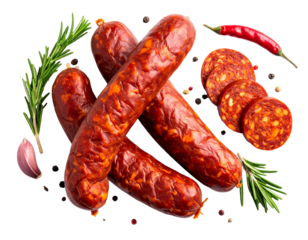 Spanish chorizo sausages falling with spices and herbs on transparent background
