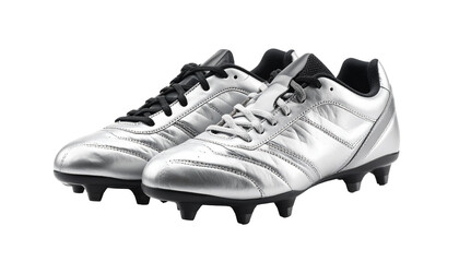 Pair of silver soccer shoes with black laces on transparent background
