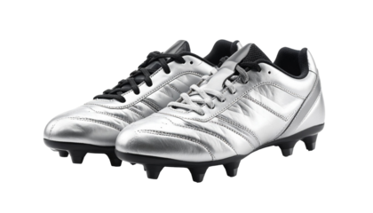 Pair of silver soccer shoes with black laces on transparent background