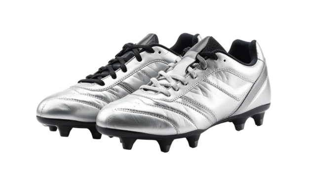 Pair of silver soccer shoes with black laces on transparent background