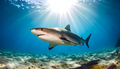 Fototapeta premium Shark swimming ocean sunlight reef.