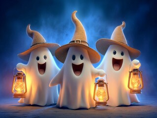Adorable Halloween Ghosts with Witch Hats and Lanterns