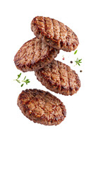 Obraz premium Four grilled burger patties falling with thyme and peppercorns on transparent background