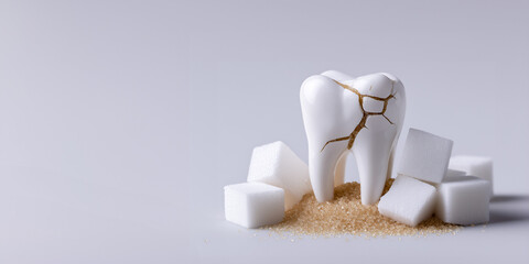 A tooth surrounded by sugar cubes, showing tooth decay, symbolizing oral health challenges.