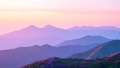 Pastel-hued mountain range at sunrise. Layers of mountains fade into soft purples and blues. A carpet of pink flowers sits at the foreground. Peaceful and serene
