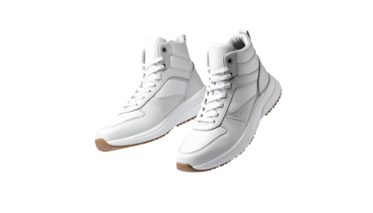 Pair of white leather fashion sneakers with brown sole floating on transparent background