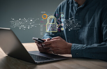 Cybersecurity, privacy data and password access on phone and computer visualized, safe login online...