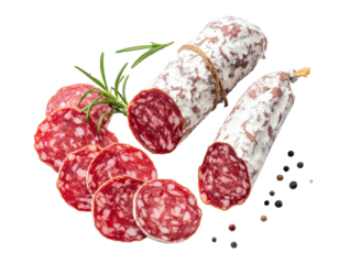 French salami with peppercorns and rosemary on transparent background