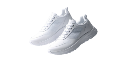 Pair of white fashion sneakers floating on transparent background
