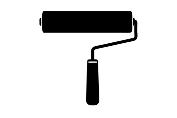 A black silhouette of a paint roller with a handle and a roller for applying paint to surfaces