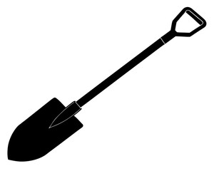 A black silhouette of a garden shovel with a metal blade and a dshaped handle is depicted against a plain white background