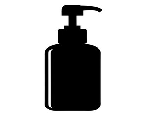 A black silhouette of a pump dispenser bottle commonly used for soap or lotion stands against a stark white background