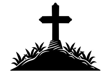 A black silhouette of a christian cross stands on a grassy mound symbolizing remembrance and faith against a white backdrop