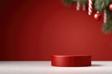 Obraz premium Bright red podium surrounded by festive decorations creates warm