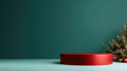 Bright red circular platform beside festive greenery creates coz