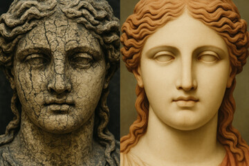 sculptures of women with flowing hair.