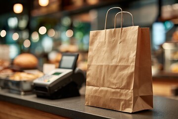 Kraft paper shopping bag on cafe counter with blurred background