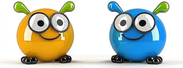 Fototapeta premium Playful Orange and Blue Cartoon Creatures with Large Eyes on White Background