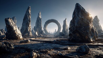 Ancient Stone Ring Portal in Alien Monolith Field