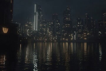 Obraz premium City lights reflecting on a still body of water at night.