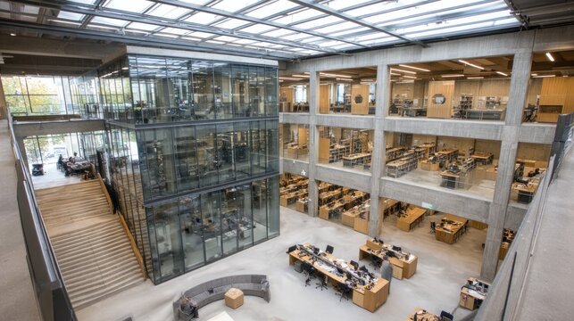 Modern library interior, open atrium