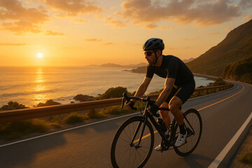 Man riding bike by ocean road.