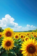 Obraz premium Vast blue sky filled with vibrant sunflowers, creating a breathtaking natural spectacle Golden petals against azure, a summer scene of idyllic beauty and abundant nature , plant, blue, botany