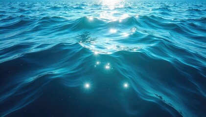 Fototapeta premium Vast expanse of deep blue ocean water, sunlit surface reflecting light, gentle waves rolling Perfect for travel, nature, and environmental themes , summer, immense, beauty