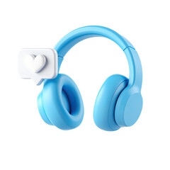Blue headphones with a speech bubble and heart icon isolated on transparent background