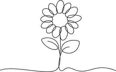 Single line drawing of a flower with leaves black white