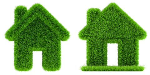 Two Green Grass Textured House Symbols Isolated on Transparent Background Representing Environmental Consciousness and Natural Sustainability