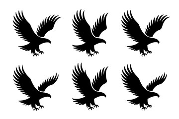 Obraz premium Six Soaring Eagles: A striking monochrome illustration showcases six majestic eagles in flight, their wings spread wide against a white backdrop, capturing power and freedom.