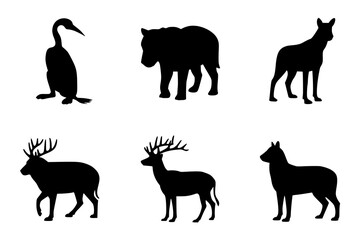 Fototapeta premium Wildlife Silhouettes: A Collection of Six Monochrome Animal Icons, featuring a deer, wolf, bear, bird, and more in simple, elegant vector art.