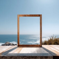 A white picture frame against a beach with blue waves and grass