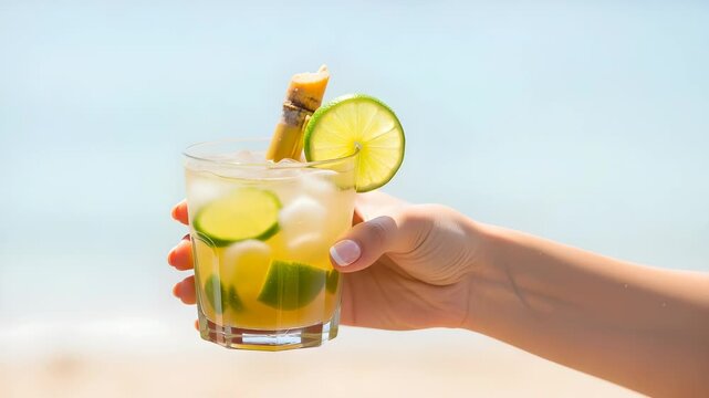 Hand Holding Glass of Caipirinha Cocktail with Lime and Sugar Cane at a Sunny Beach with Blue Skies