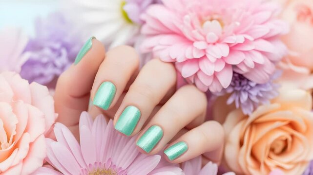 Hand Displaying Glittery Mint Green Nails Among Pink Purple and Peach Gerbera Daisies In Studio Lighting